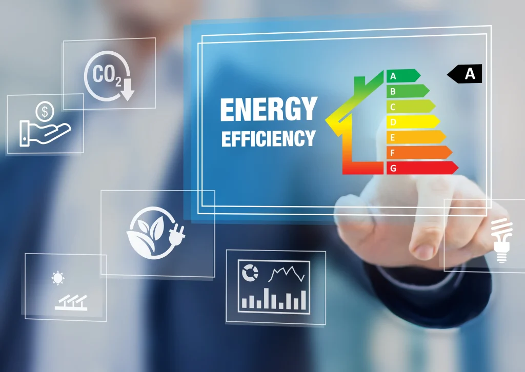 Ein Mensch in Businesskleidung (unscharf im Hintergrund) tippt mit dem Finger auf eine transparente, digitale Benutzeroberfläche. Im Zentrum des Bildes erscheint der Schriftzug „Energy Efficiency“ (Energieeffizienz) neben einem stilisierten Haus.